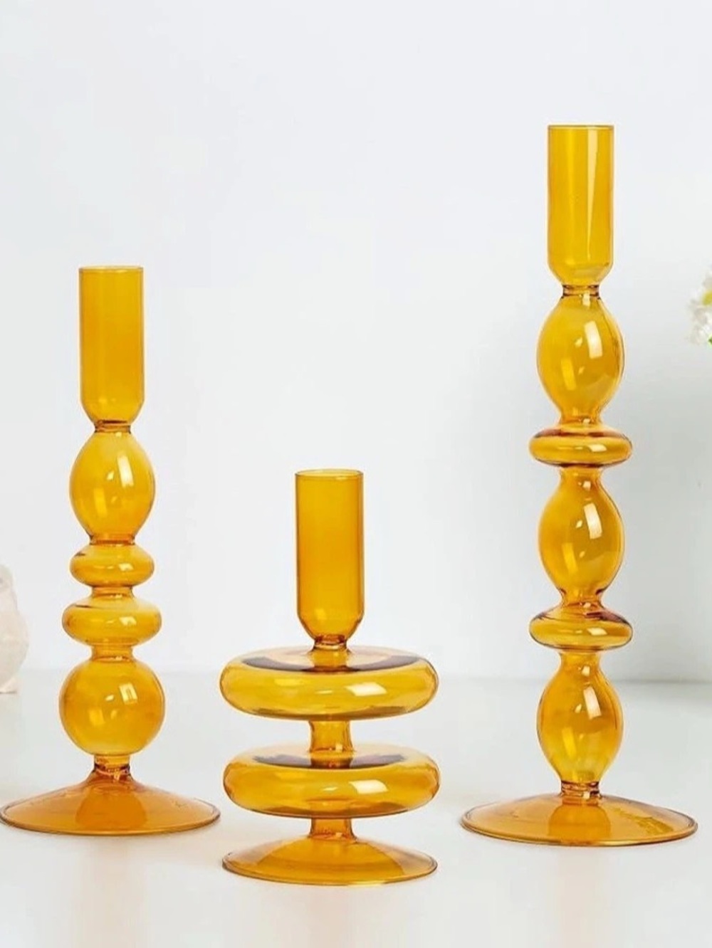 Amber Glass Bubble Taper Candle Holders Set of 3 New Unused